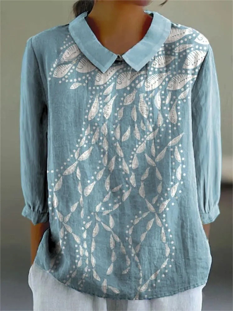 Women's Vintage Fish Art Print Casual 3/4 Sleeve Shirt