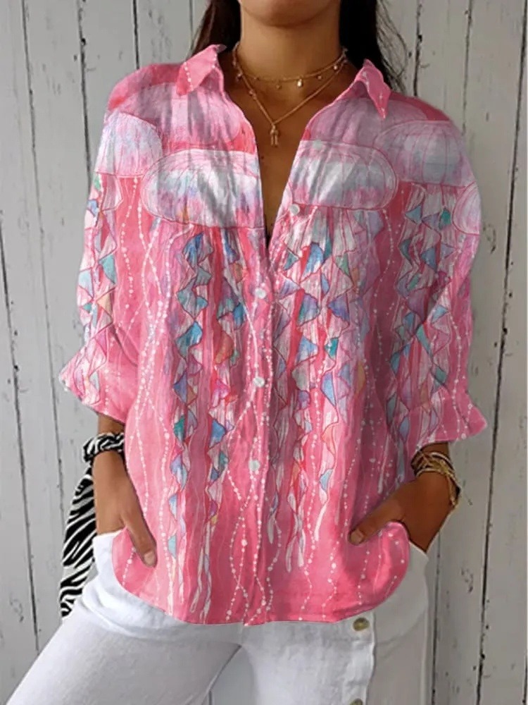 Women's Vintage Jellyfish Art Print Casual V-neck Shirt