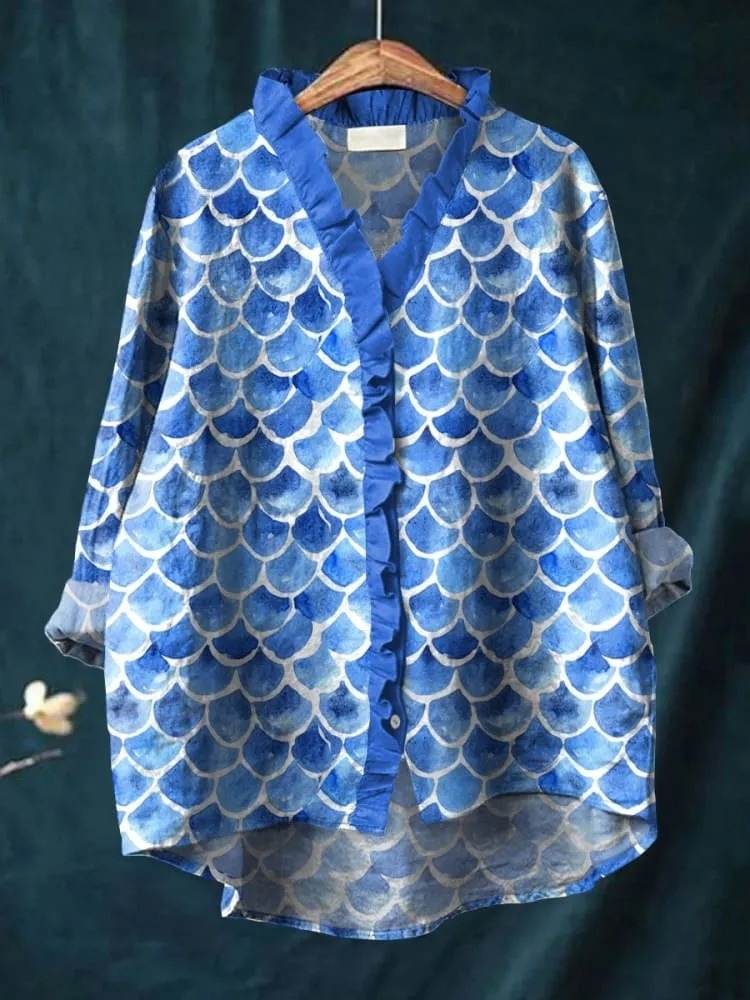 Women's Blue Fish Scale Art Print Casual Ruffle Shirt