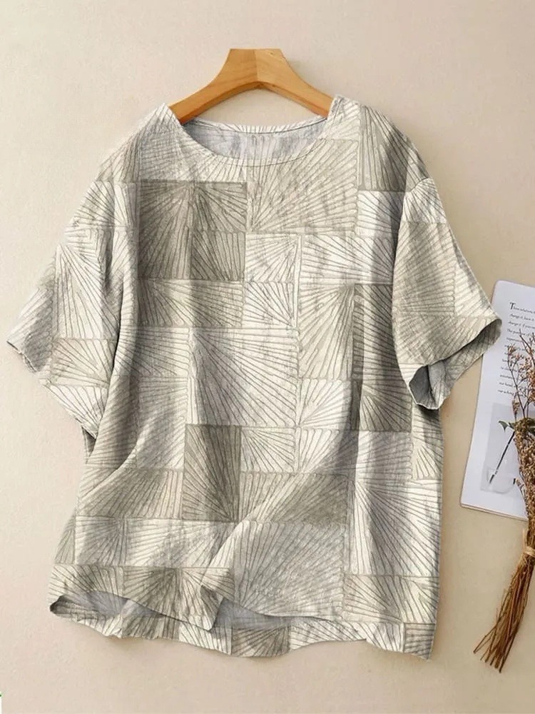 Women's Vintage Line Art Print Casual Crew Neck Shirt