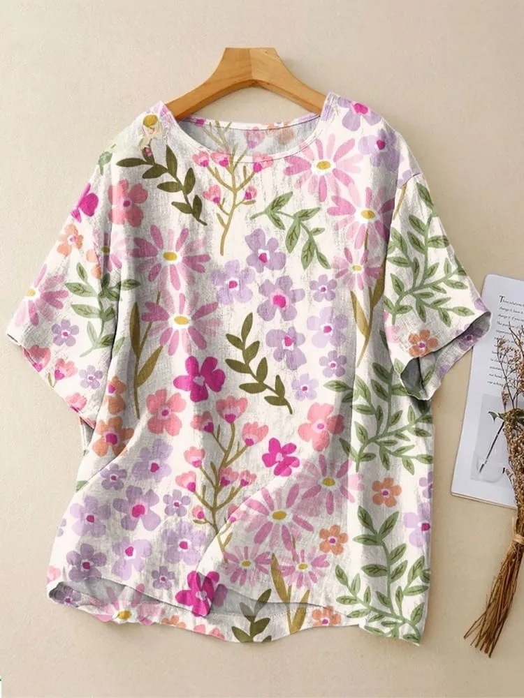 Women's Vintage Floral Art Print Casual Crew Neck Shirt