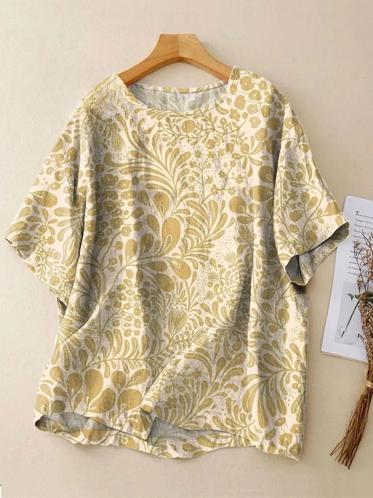 Women's Vintage Floral Art Print Casual Crew Neck Shirt