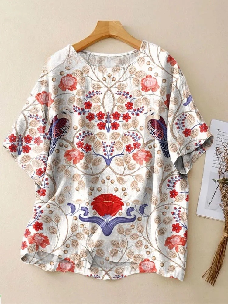 Women's Vintage Floral and Bird Art Print Casual Crew Neck Shirt