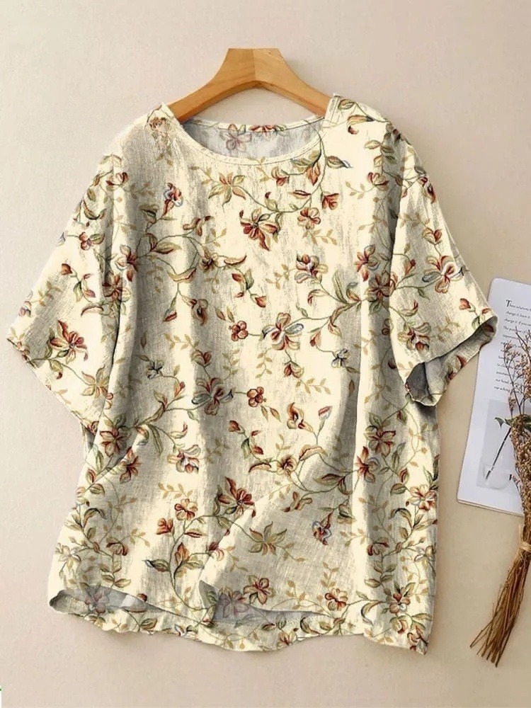 Women's Vintage Floral Art Print Casual Crew Neck Shirt