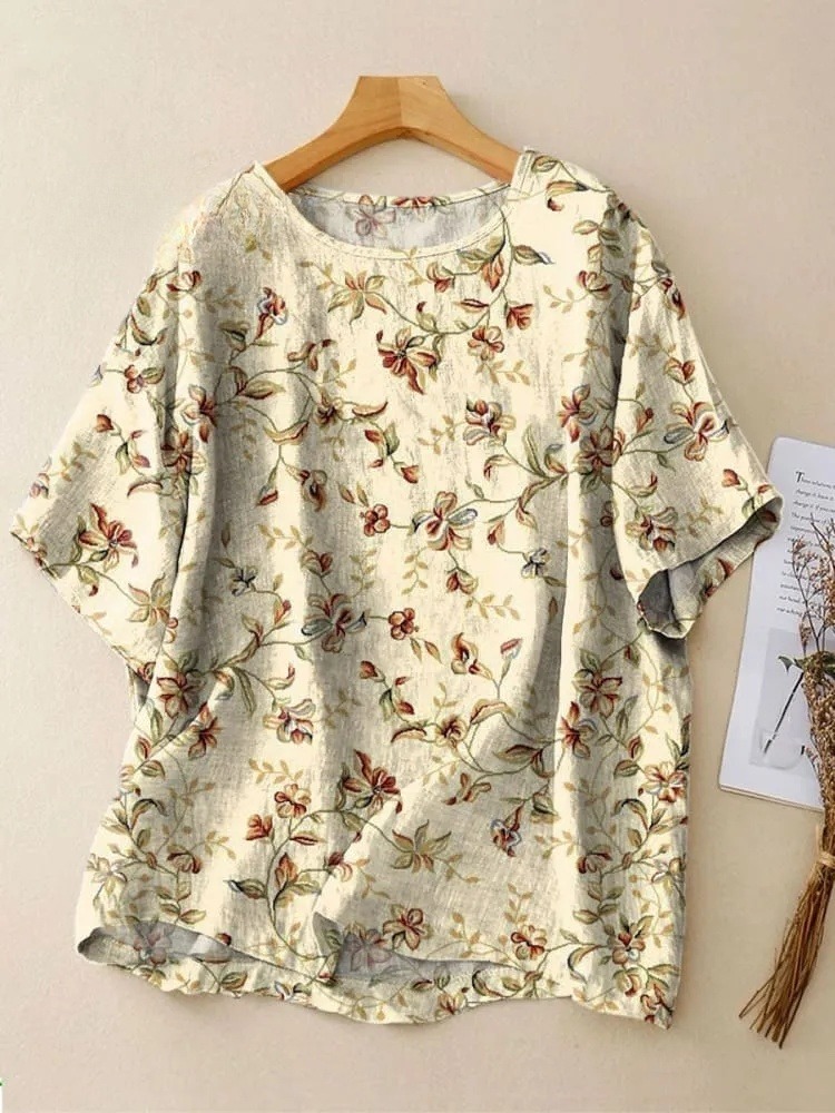 Women's Vintage Floral Art Print Casual Crew Neck Shirt