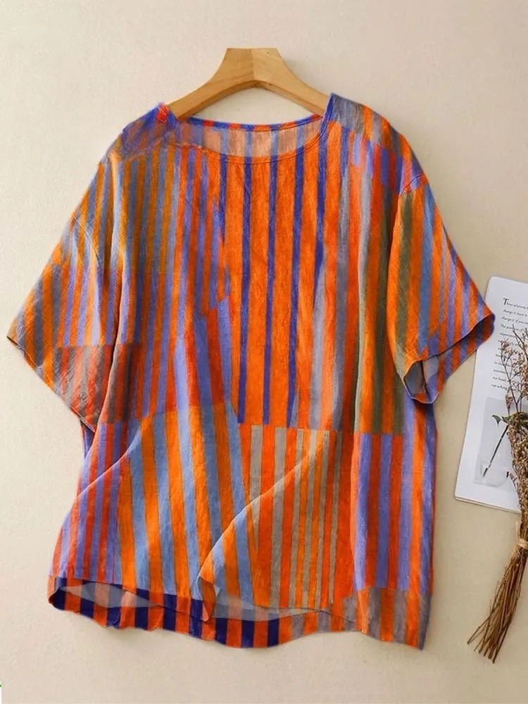 Women's Vintage Colorblock Striped Art Print Casual Crew Neck Shirt