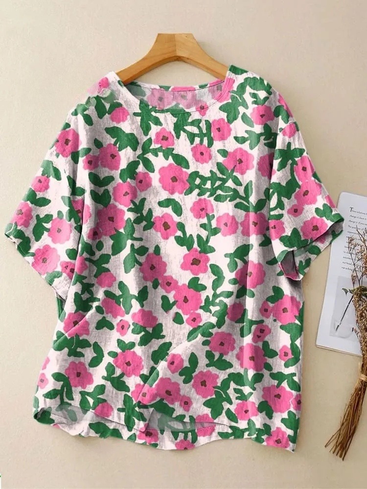 Women's Vintage Floral Art Print Casual Crew Neck Shirt