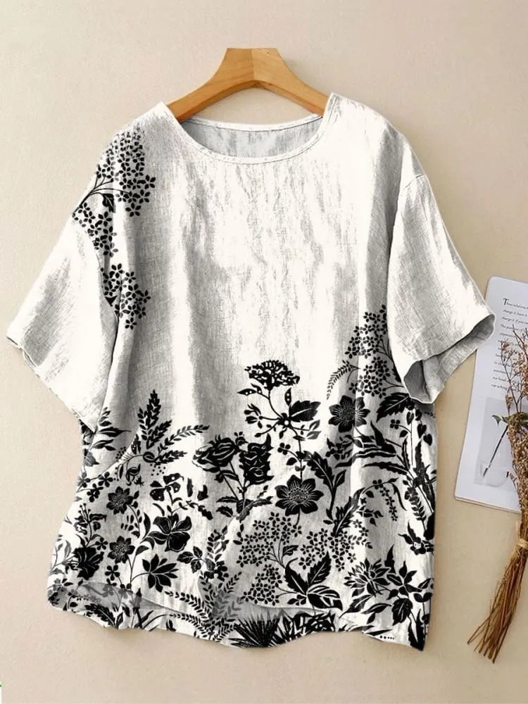 Women's Vintage Floral Art Print Casual Crew Neck Shirt