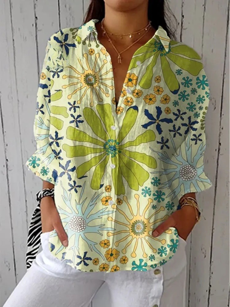 Women's Vintage Floral Art Print Casual V-neck Shirt