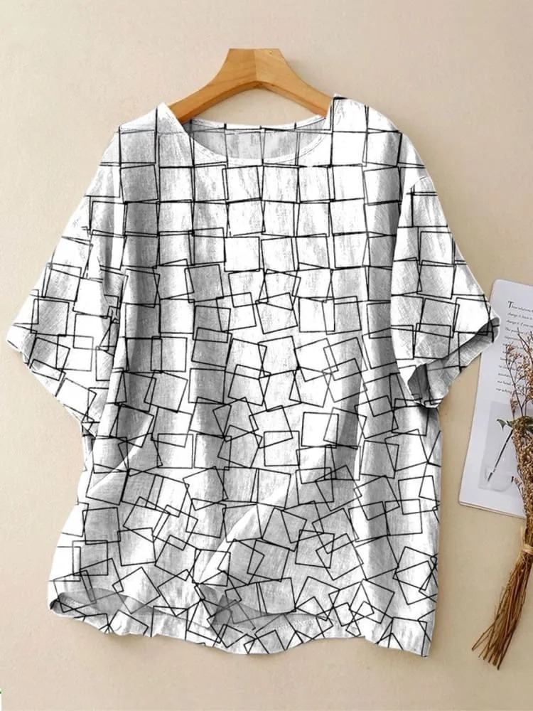 Women's Simple Square Art Print Casual Crew Neck Shirt