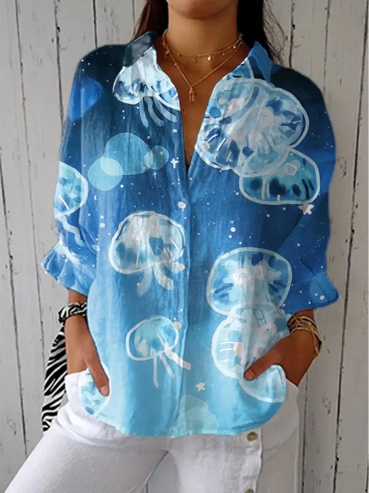 Women's Deep Sea Jellyfish Art Print Casual V-neck Shirt
