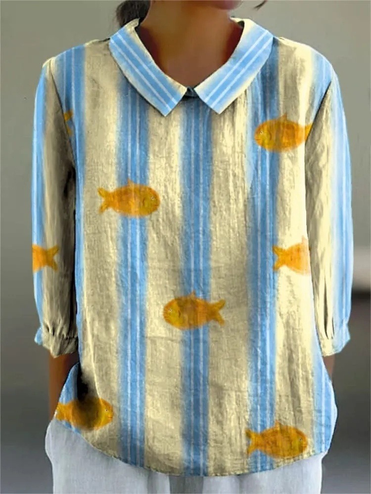 Women's Simple Color Block Fish Art Print Casual 3/4 Sleeve Shirt