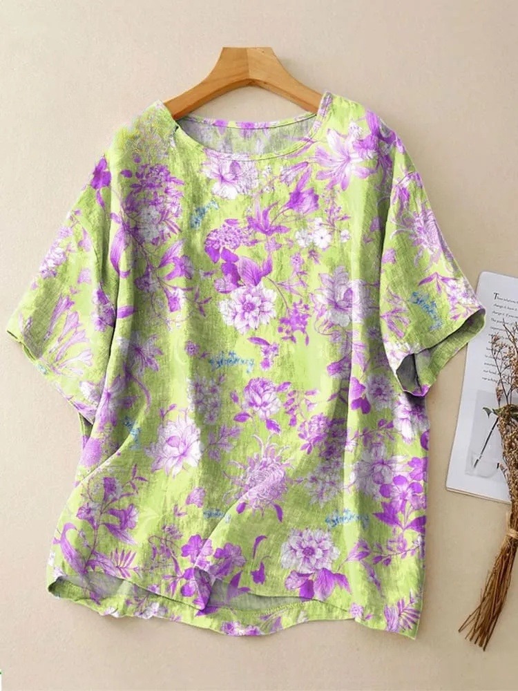 Women's Vintage Floral Art Print Casual Crew Neck Shirt