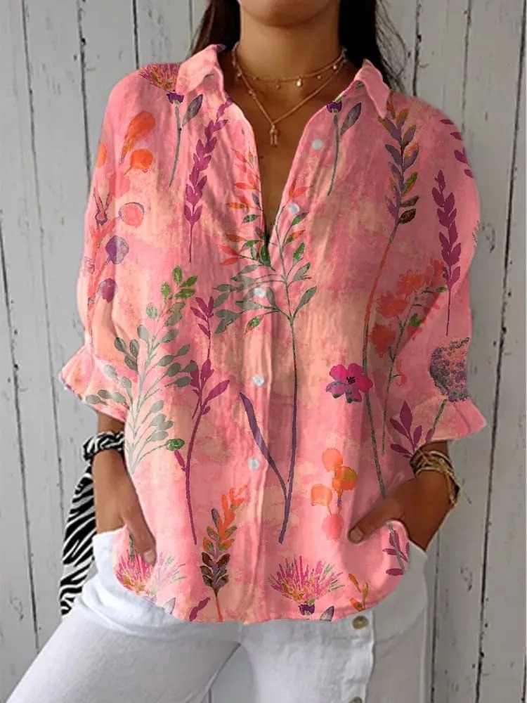 Women's Vintage Floral Art Print Casual V-neck Shirt