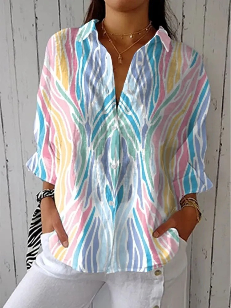 Women's Fashion Color Block Art Print Casual V-neck Shirt