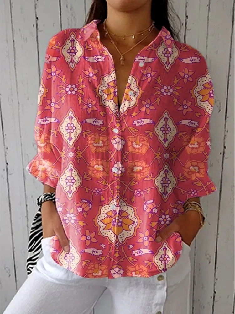Women's Vintage Floral Art Print Casual V-neck Shirt