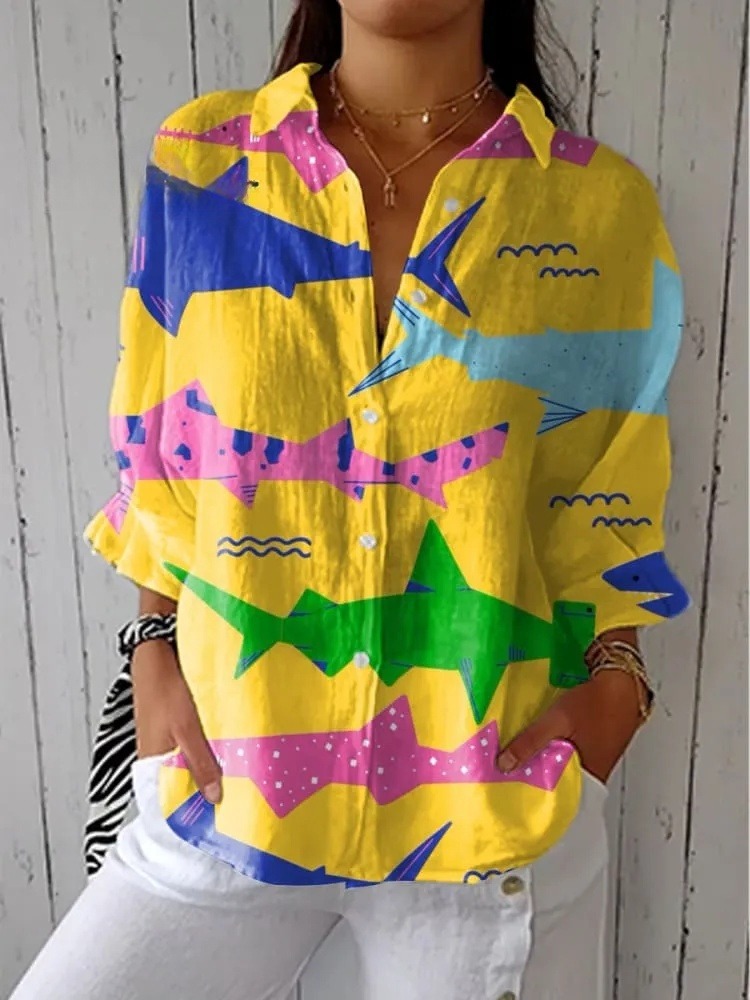 Women's Vintage Fish Art Print Casual V-neck Shirt