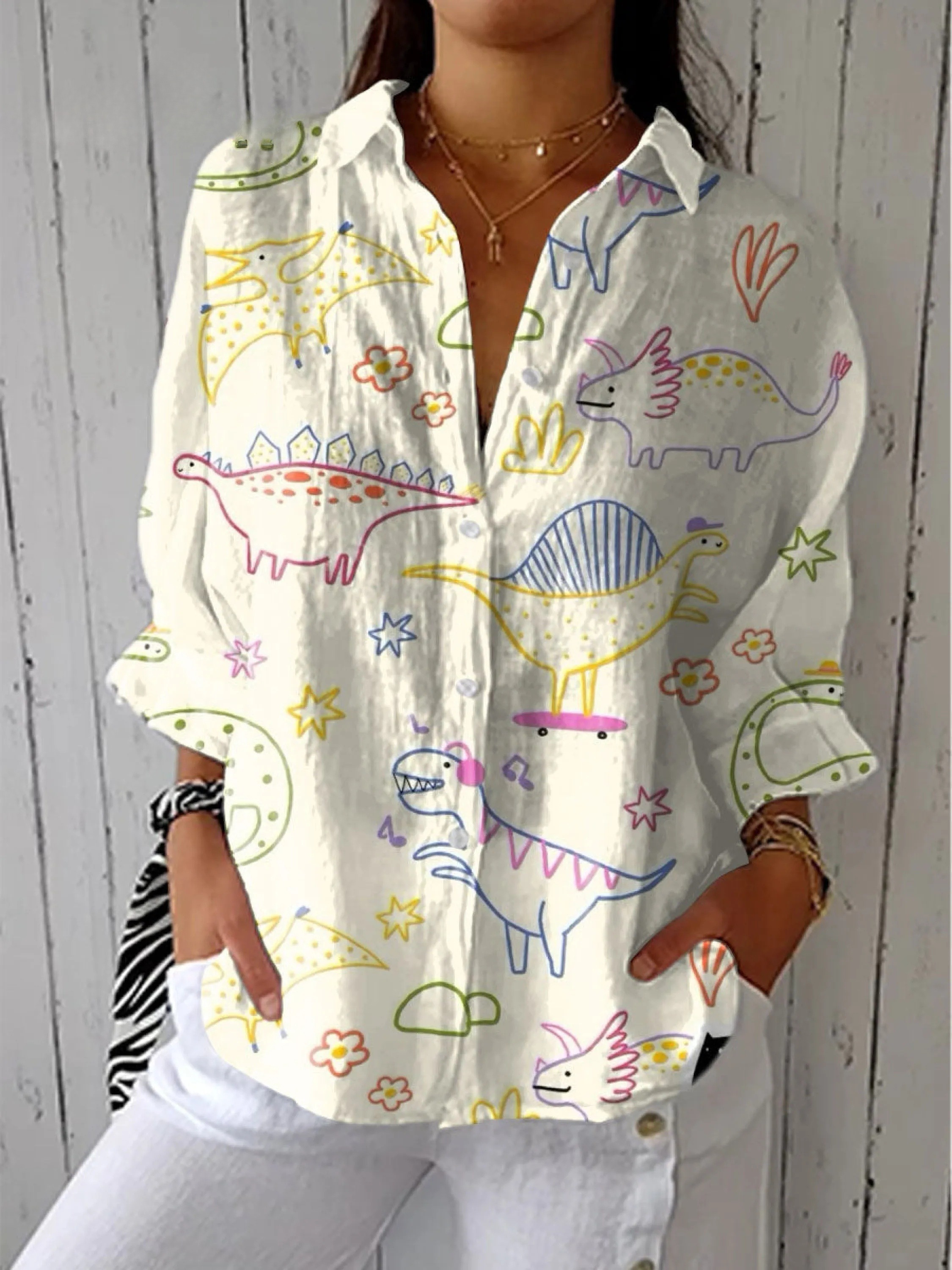 Women's Cute Dinosaur Art Print Casual V-neck Shirt