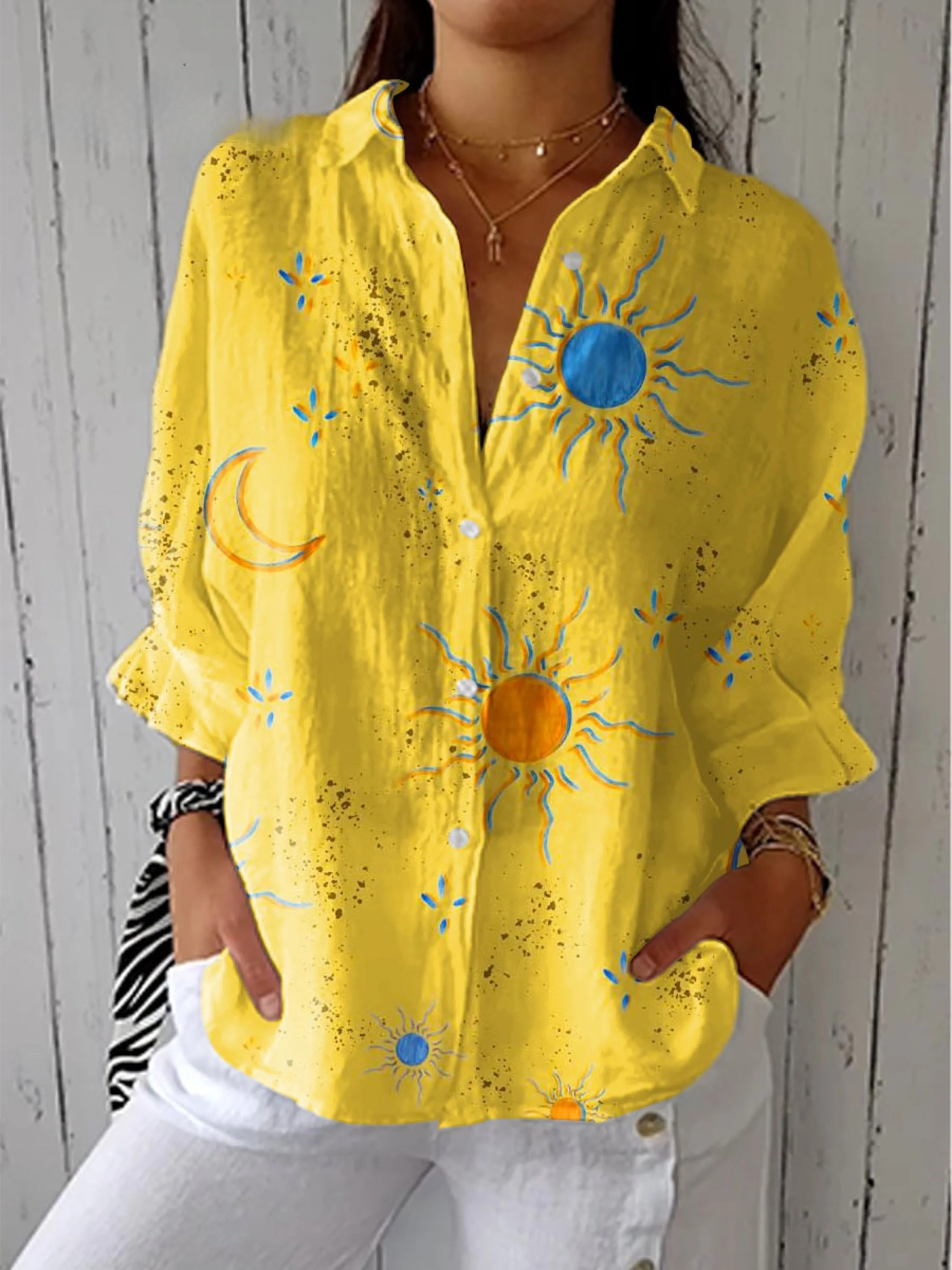 Women's Fashion Sun and Moon Art Print Casual V-neck Shirt