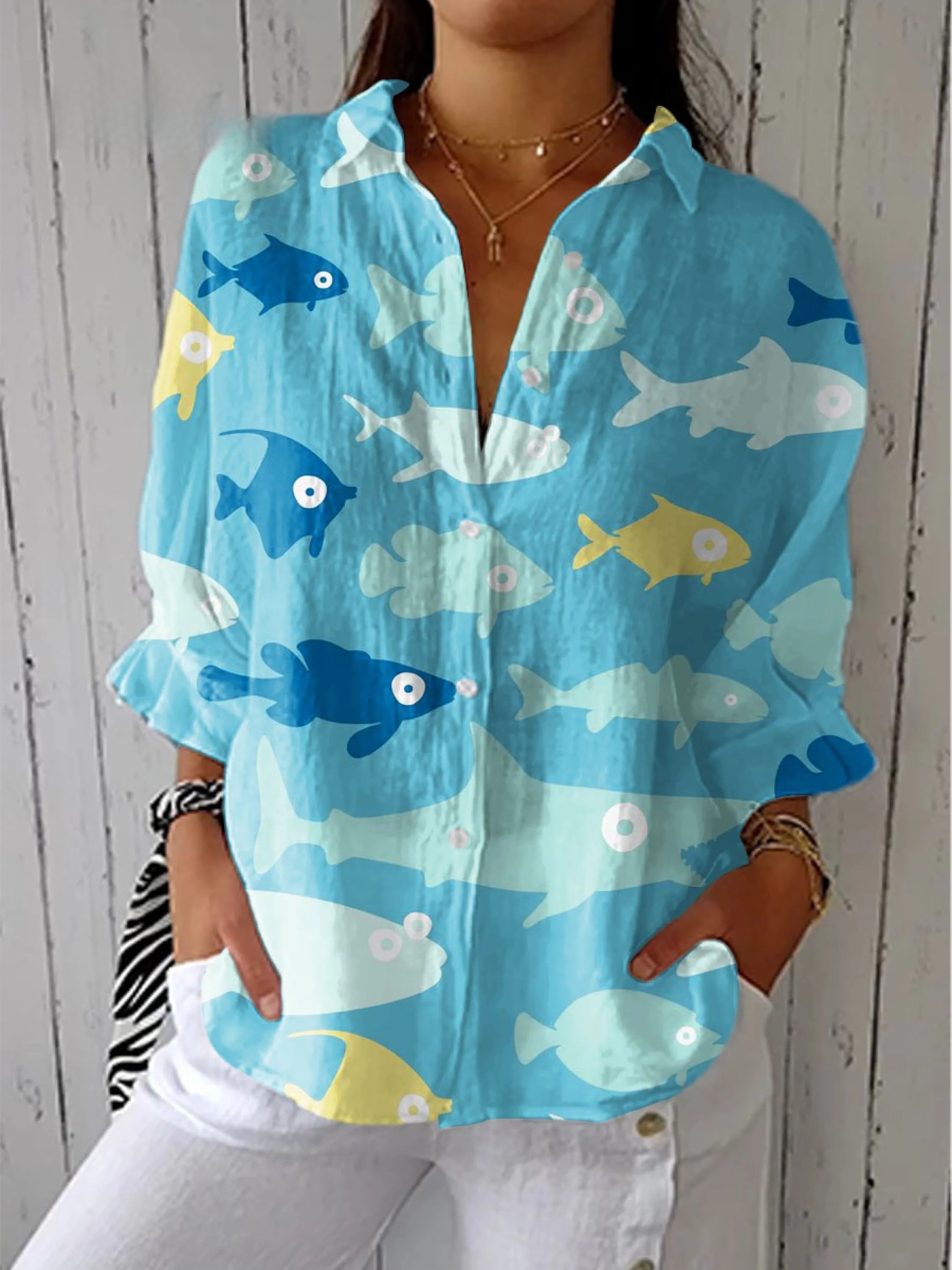 Women's Fashion Color Block Fish Art Print Casual V-neck Shirt