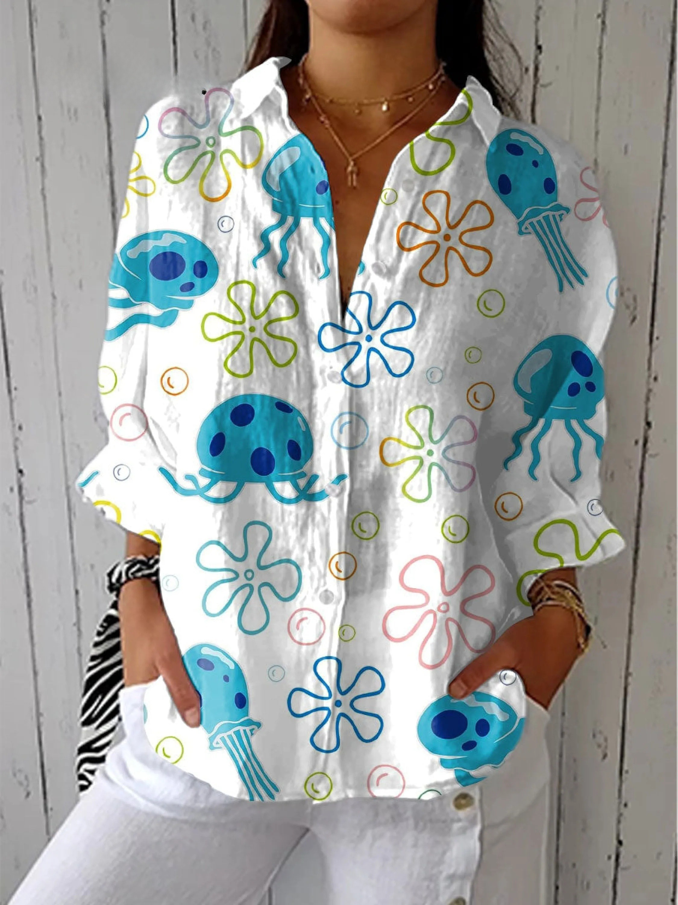 Women's Fashion Jellyfish Art Print Casual V-neck Shirt