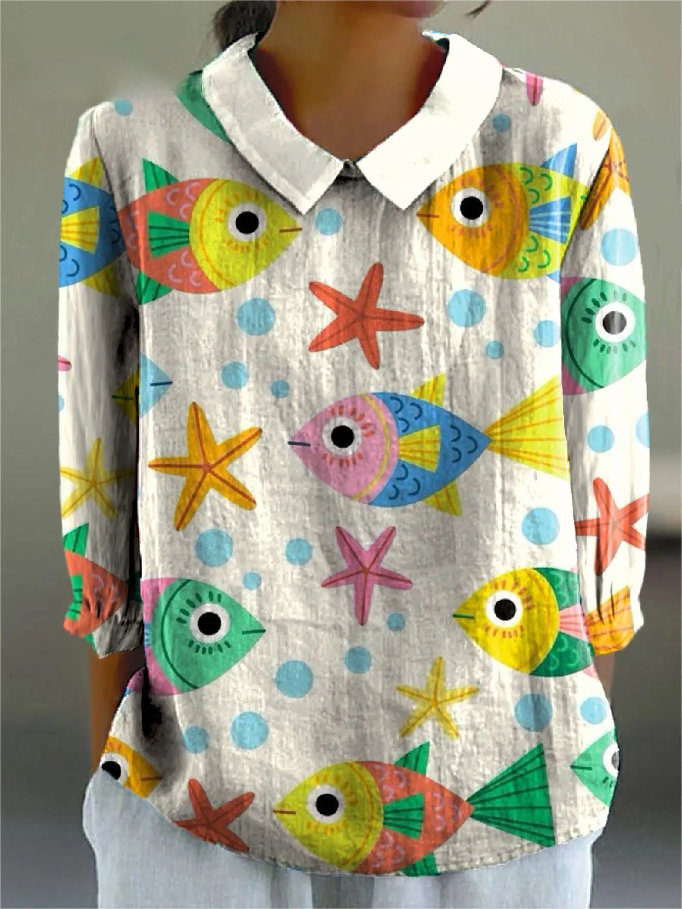 Women's Cute Fish Art Print Casual 3/4 Sleeve Shirt