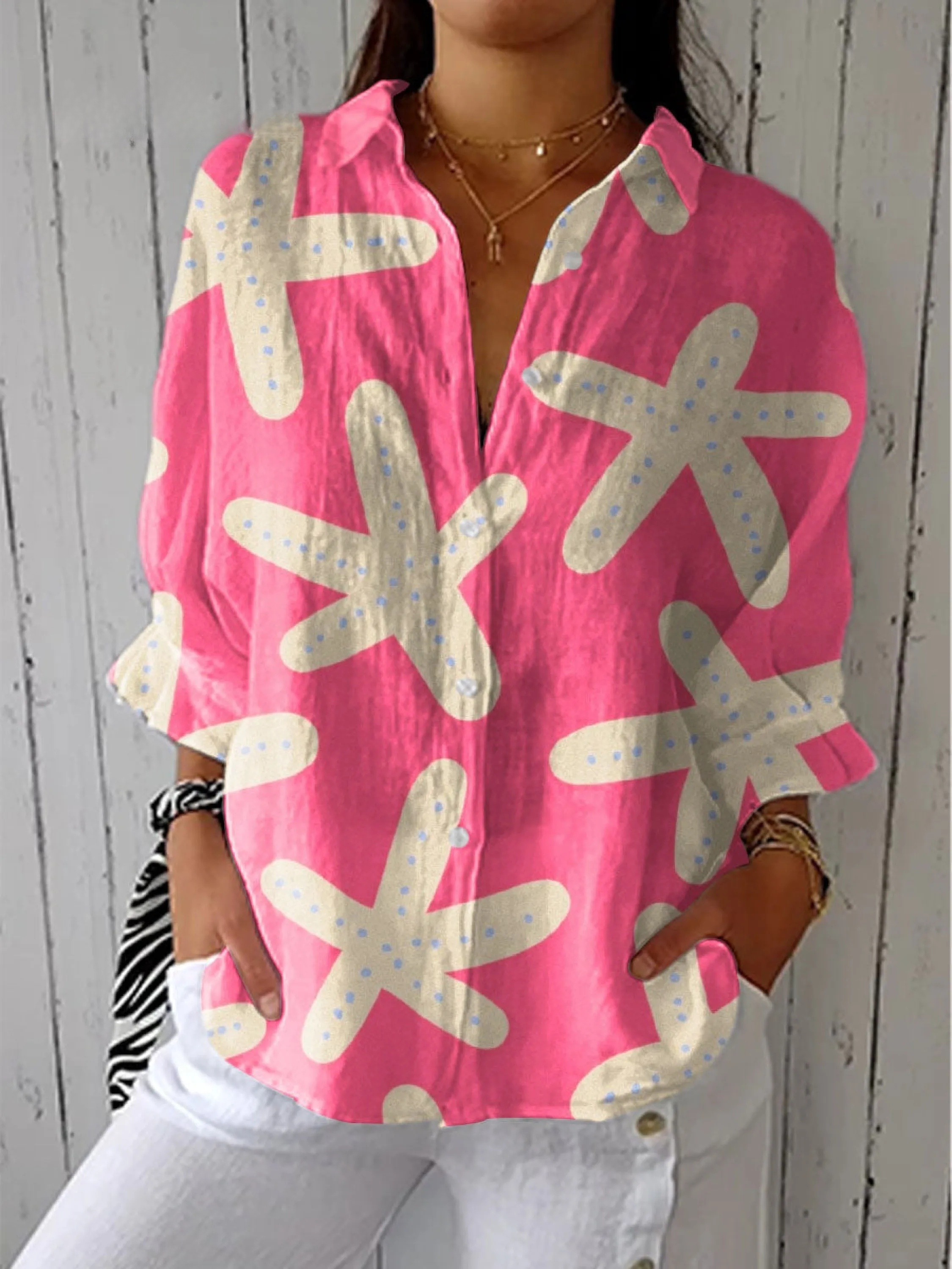 Women's Vintage Colorblock Starfish Art Print Casual V-neck Shirt