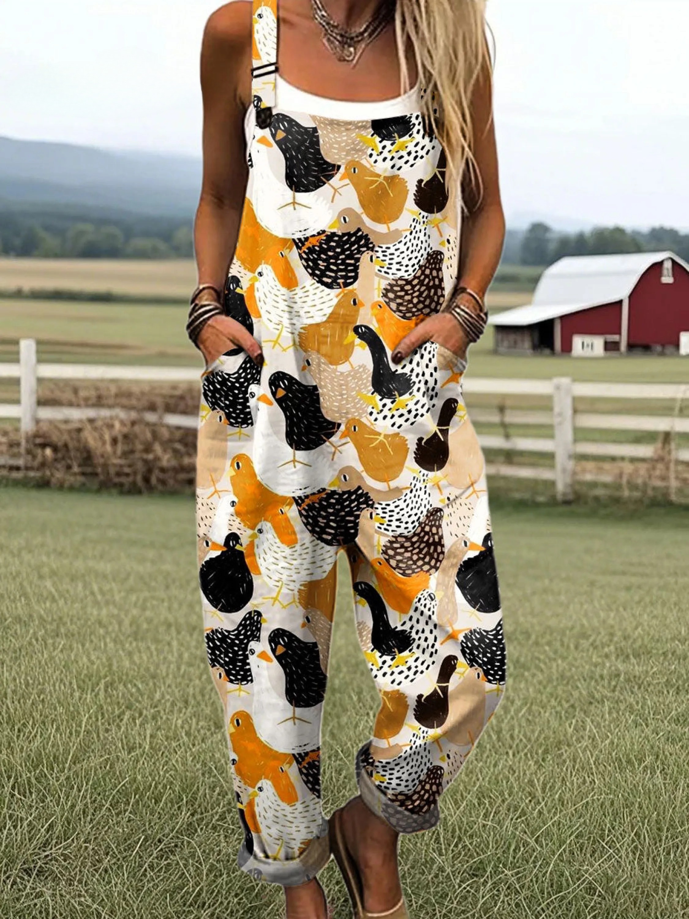 Women's Vintage Chicken Art Print Casual Cotton Wide Leg Jumpsuit