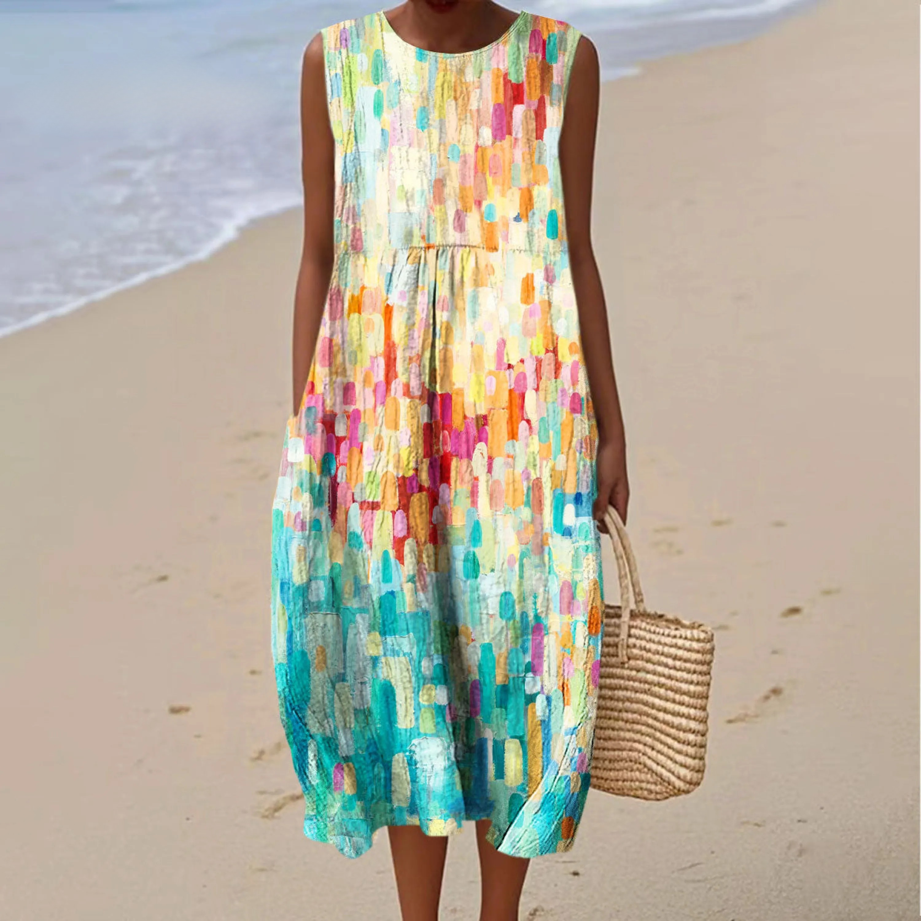 Women's Fashion Color Block Art Print Sleeveless Cotton Pocket Wrap Dress