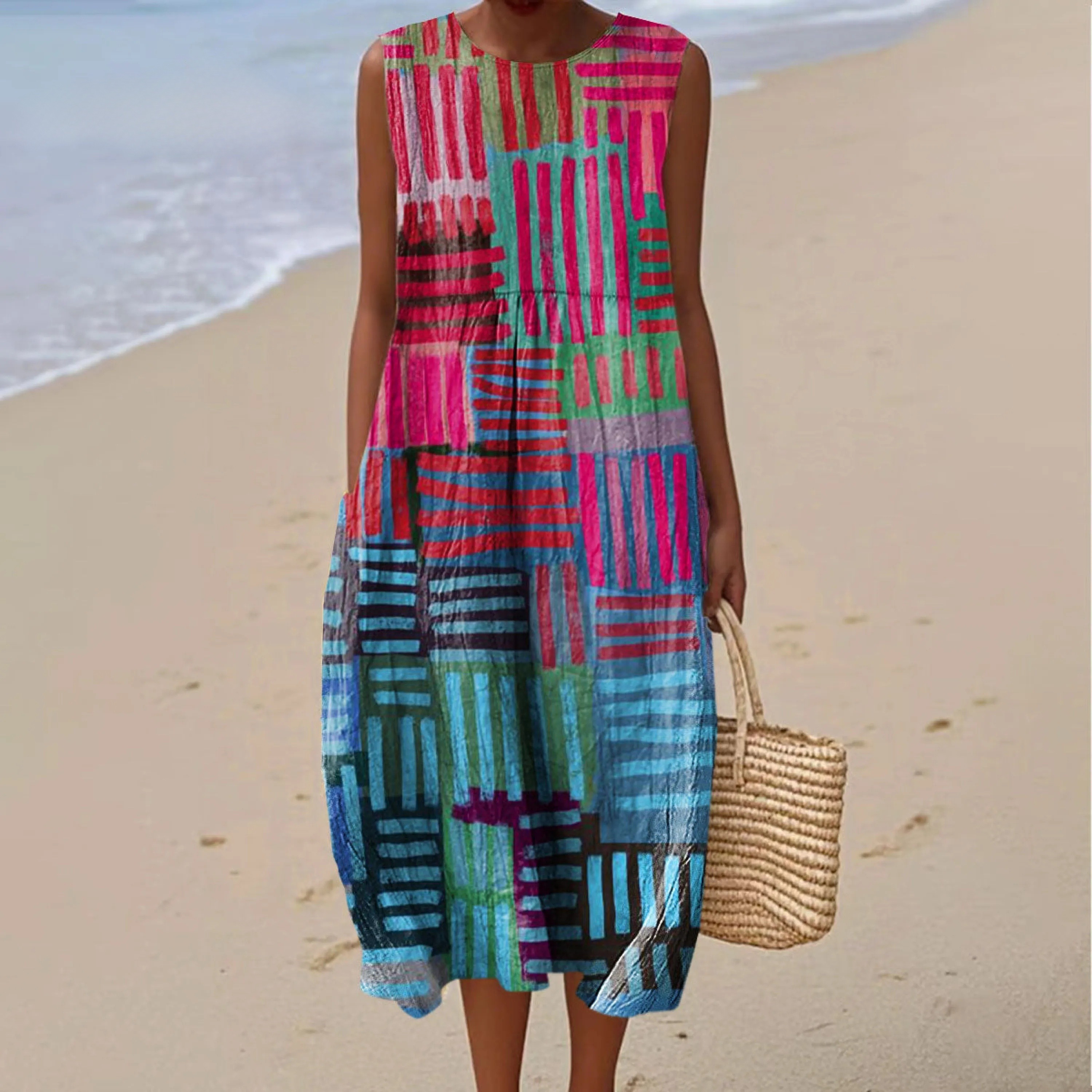 Women's Fashion Color Block Line Art Print Sleeveless Cotton Pocket Wrap Dress