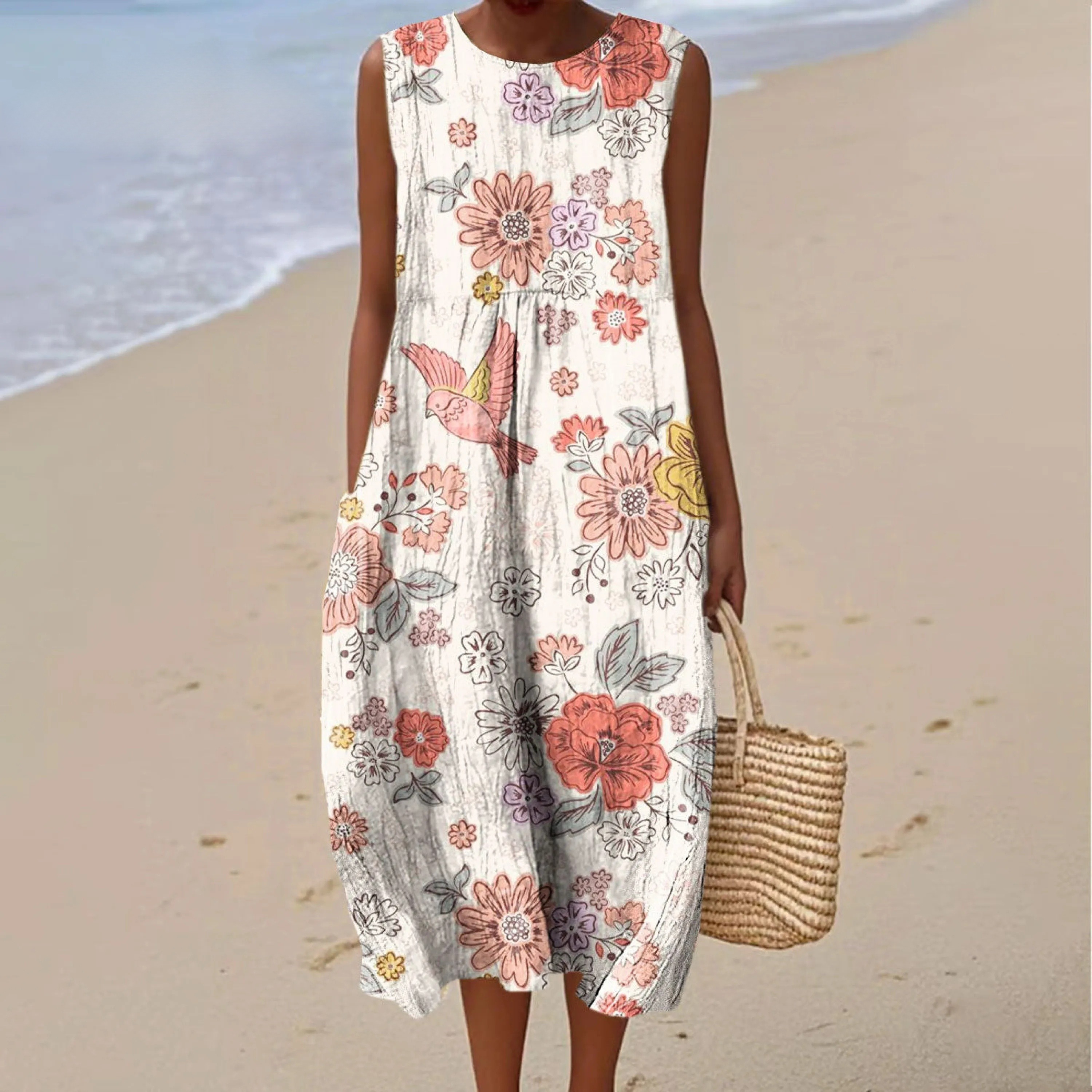 Women's Vintage Floral Art Print Sleeveless Cotton Pocket Wrap Dress