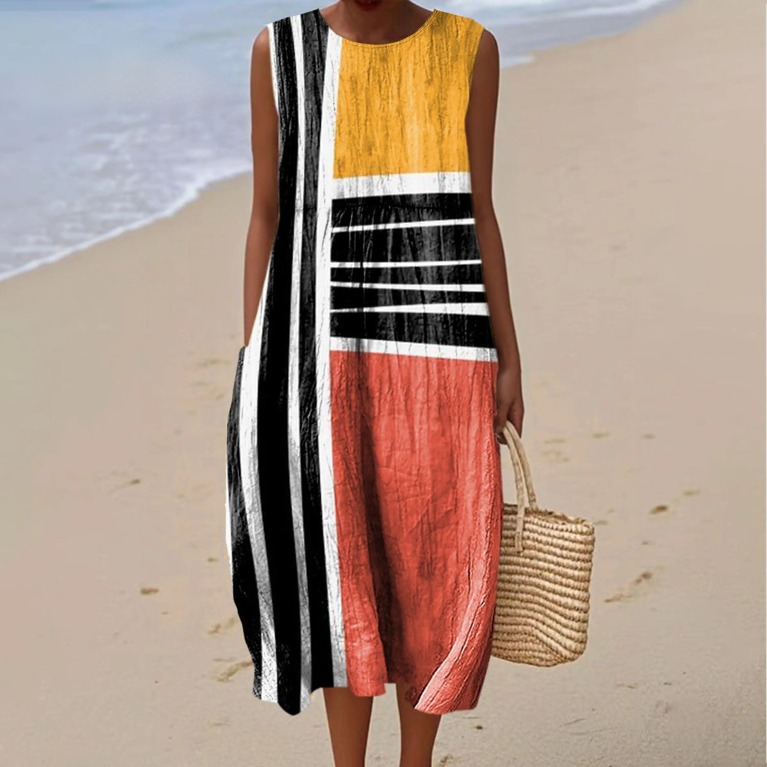 Women's Fashion Color Block Line Art Print Sleeveless Cotton Pocket Wrap Dress