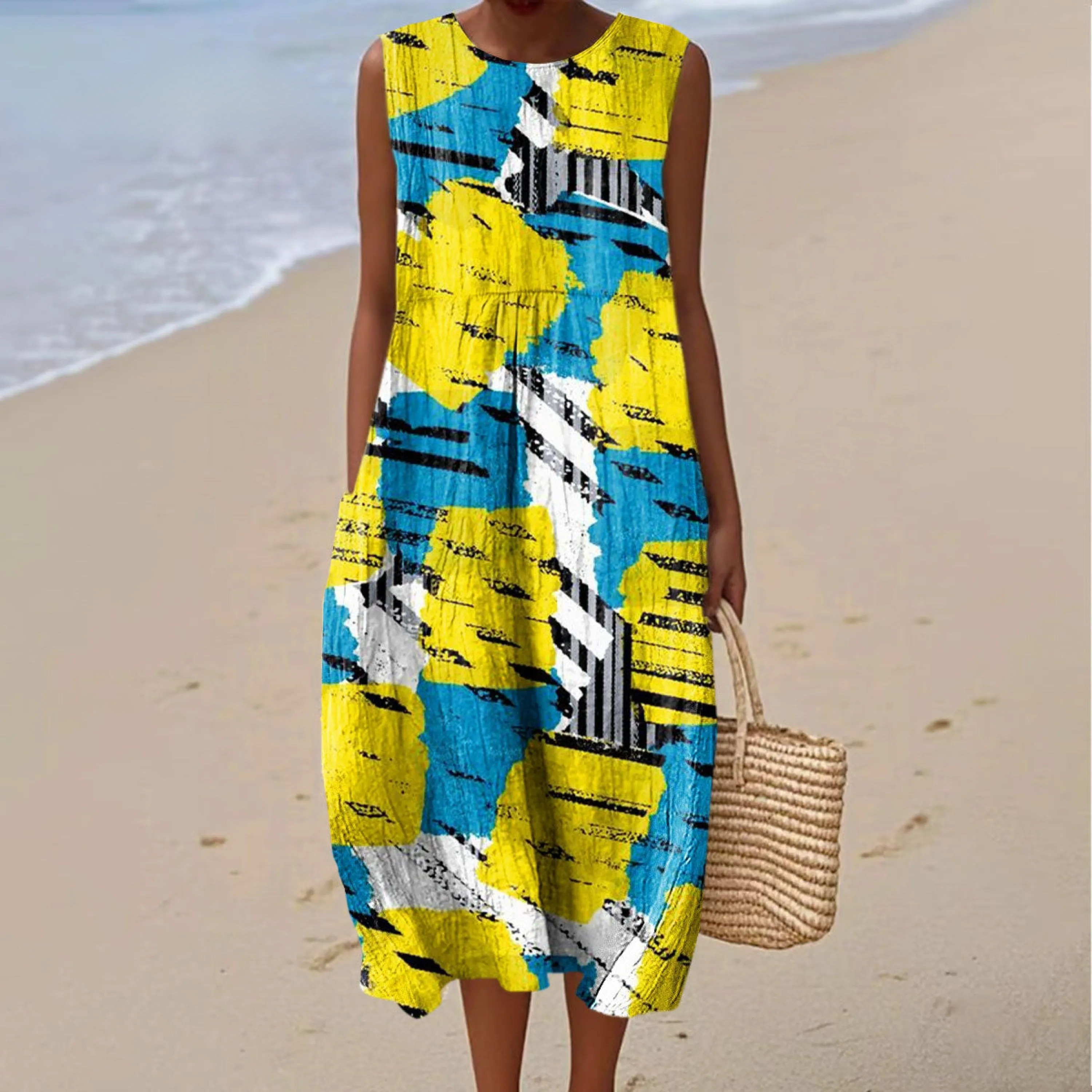 Women's Fashion Color Block Art Print Sleeveless Cotton Pocket Wrap Dress