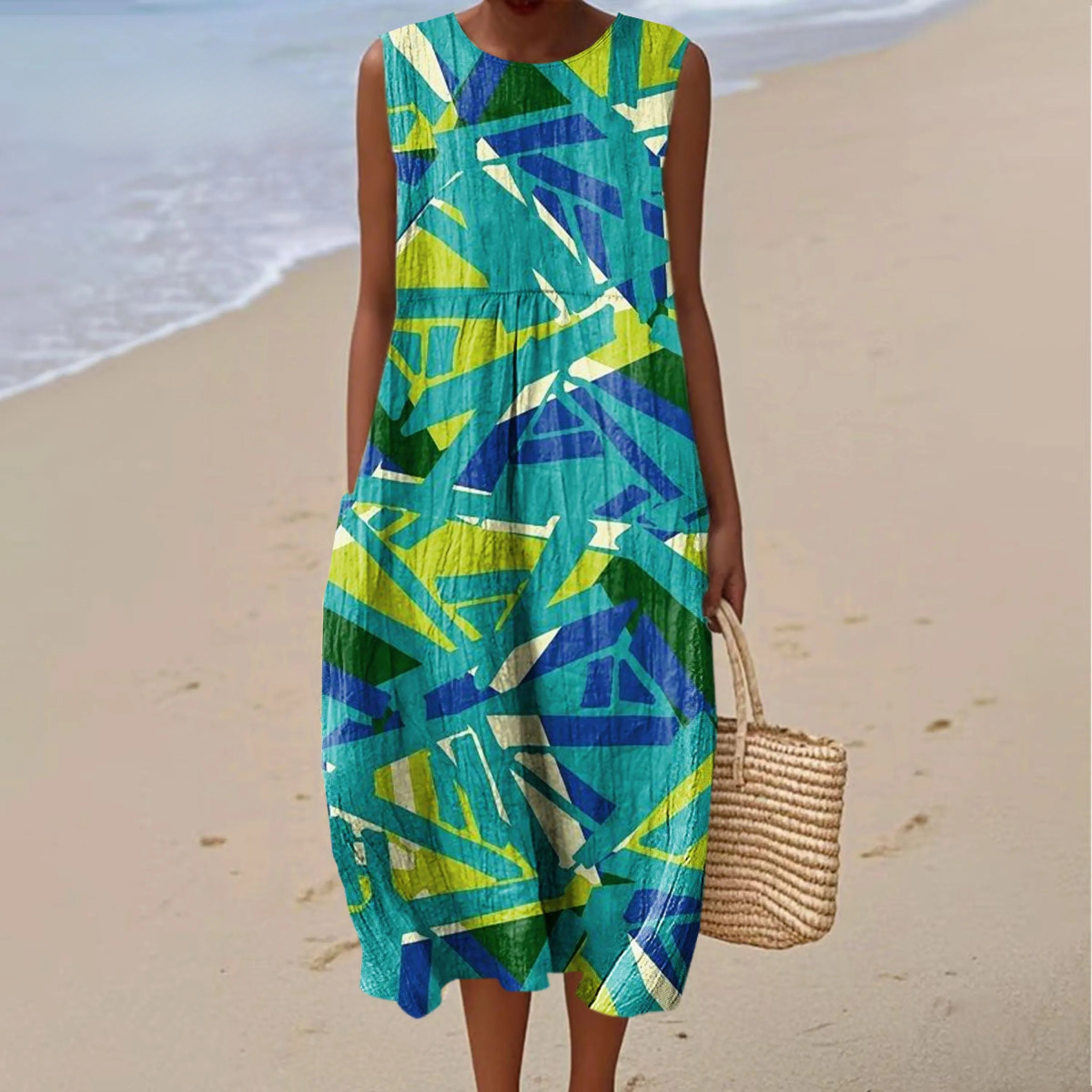 Women's Fashion Color Block Art Print Sleeveless Cotton Pocket Wrap Dress