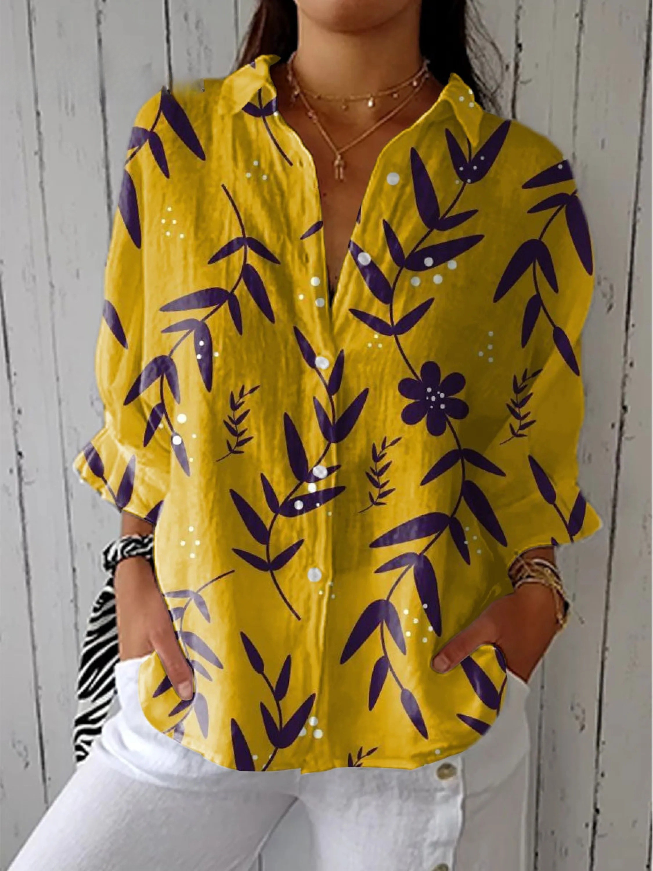 Women's Vintage Floral Art Print Casual V-neck Shirt