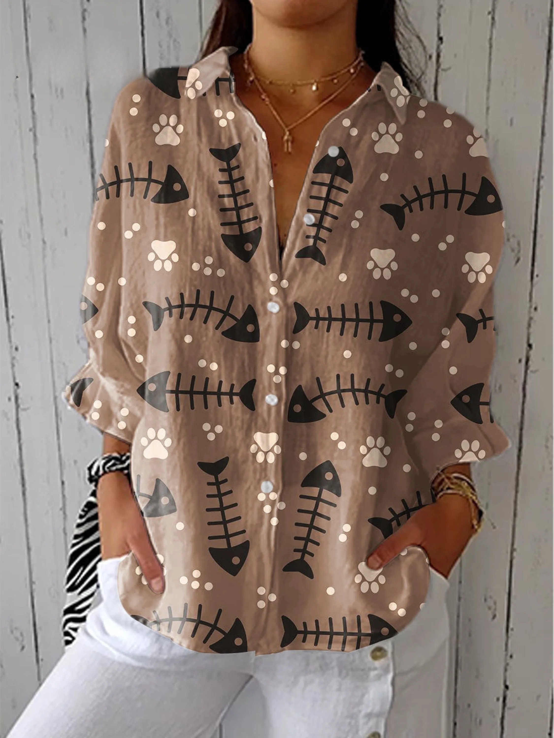 Women's Vintage Fish Bone Art Print Casual V-neck Shirt