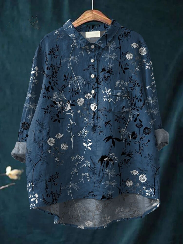 Women's Vintage Flower Print Casual Cotton And Linen Shirt