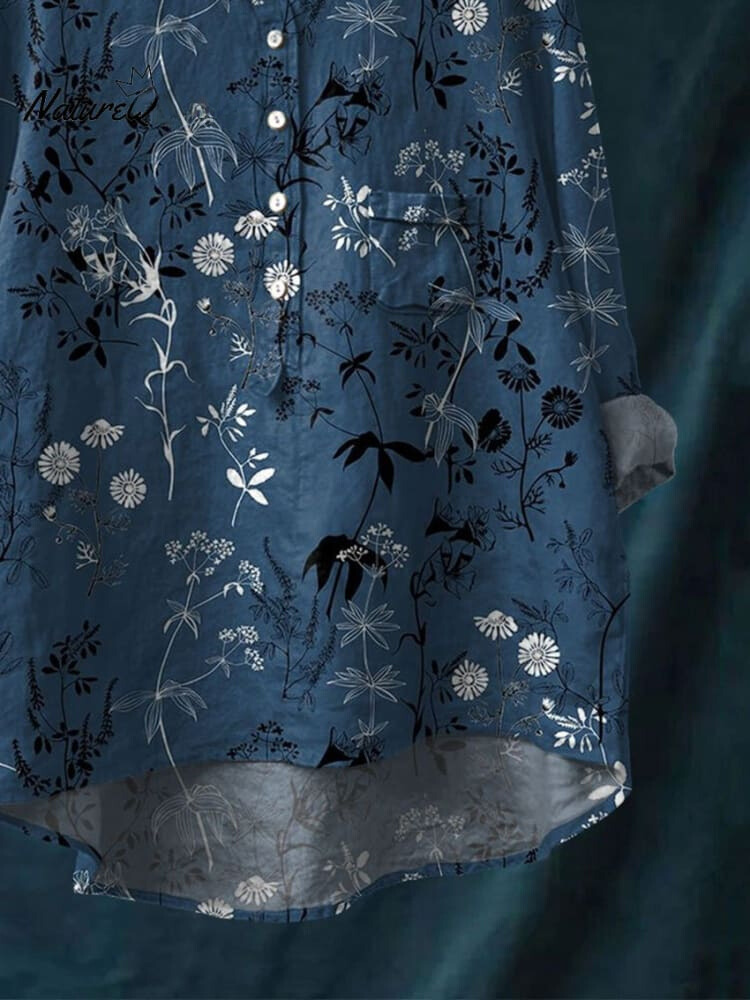 Women's Vintage Flower Print Casual Cotton And Linen Shirt