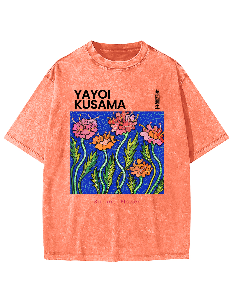 Summer Flower Art Japanese Style Vintage Washed T-shirt