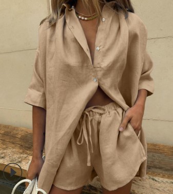 Solid Color Single-Breasted Short-Sleeve Shirt Two-Piece Set: Wide-Leg Pants & Lace-Up Shorts