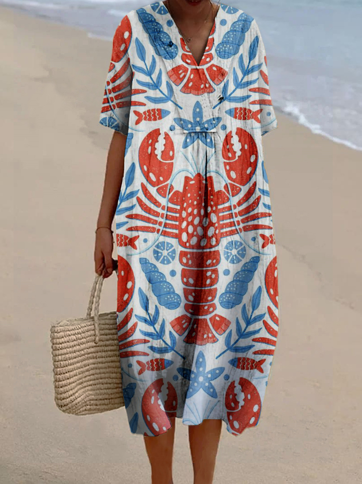 Women's Vintage Crayfish Print Casual Cotton And Linen Dress