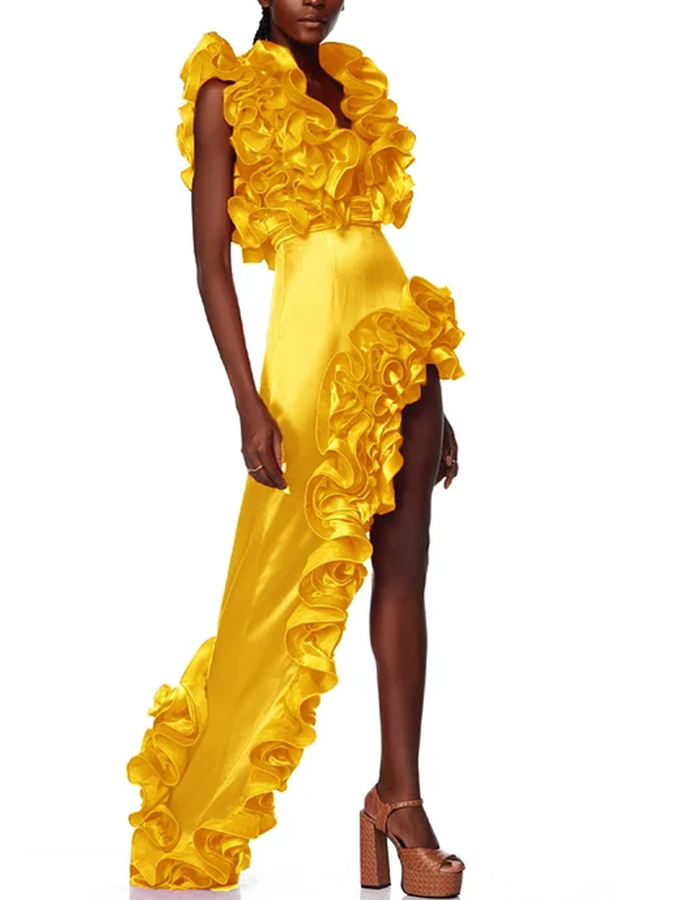 Frilled V Neck One Piece Swimsuit and Skirt