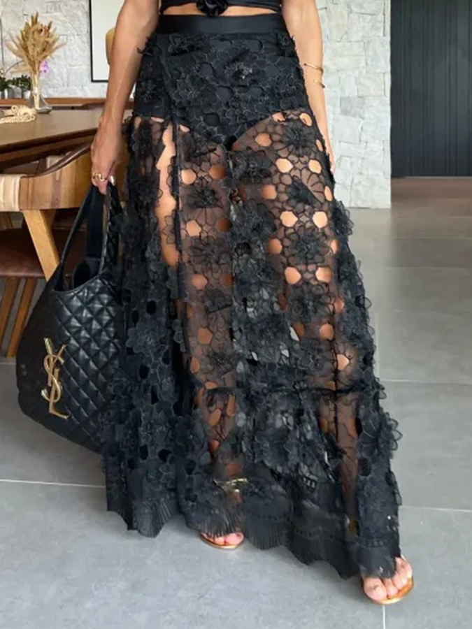 Black 3D Flower One Piece Swimsuit and Skirt