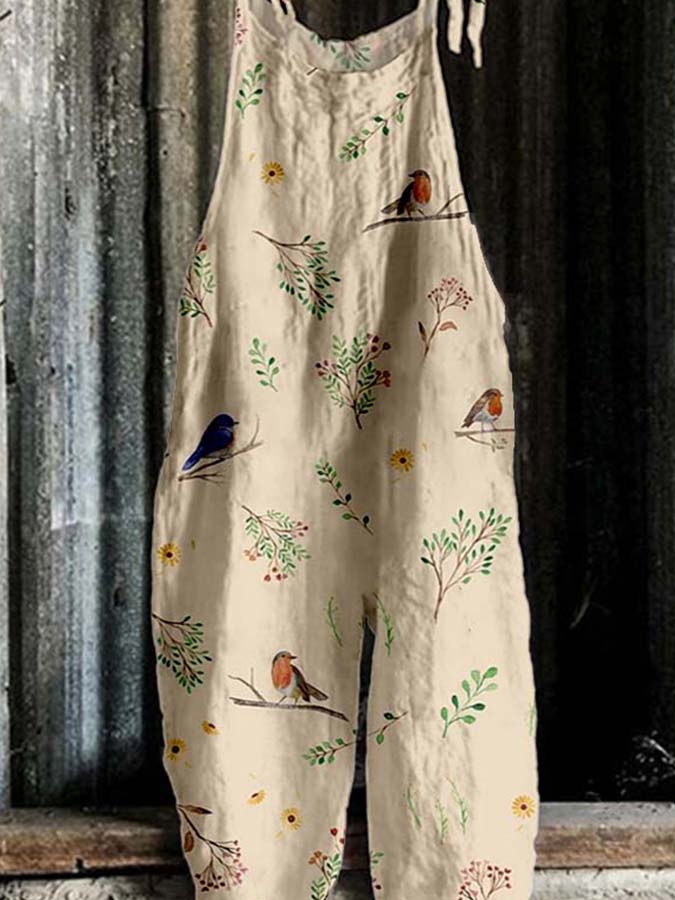Women's Vintage Flower and Bird Print Casual Cotton and Linen Jumpsuit