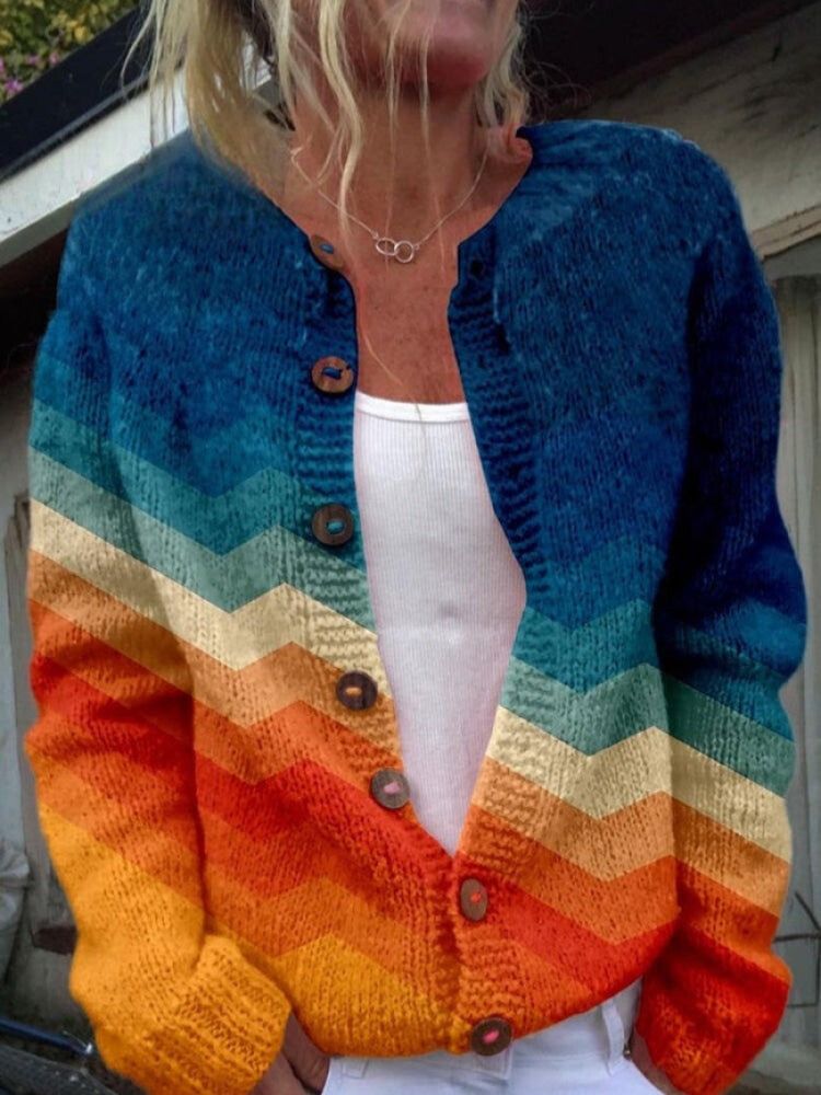 Lovely Rainbow Stripes Printed Buttoned Cardigan Sweater