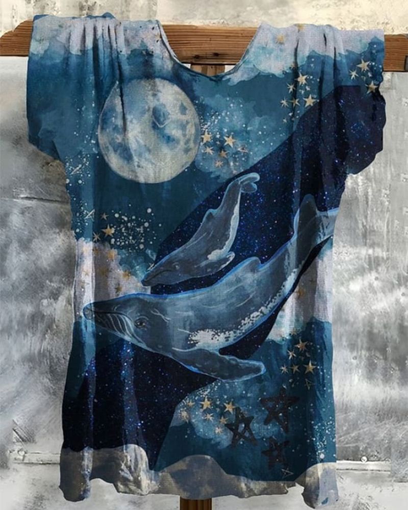 Women's Vintage Whale Art  Print Casual Cotton And Linen Shirt