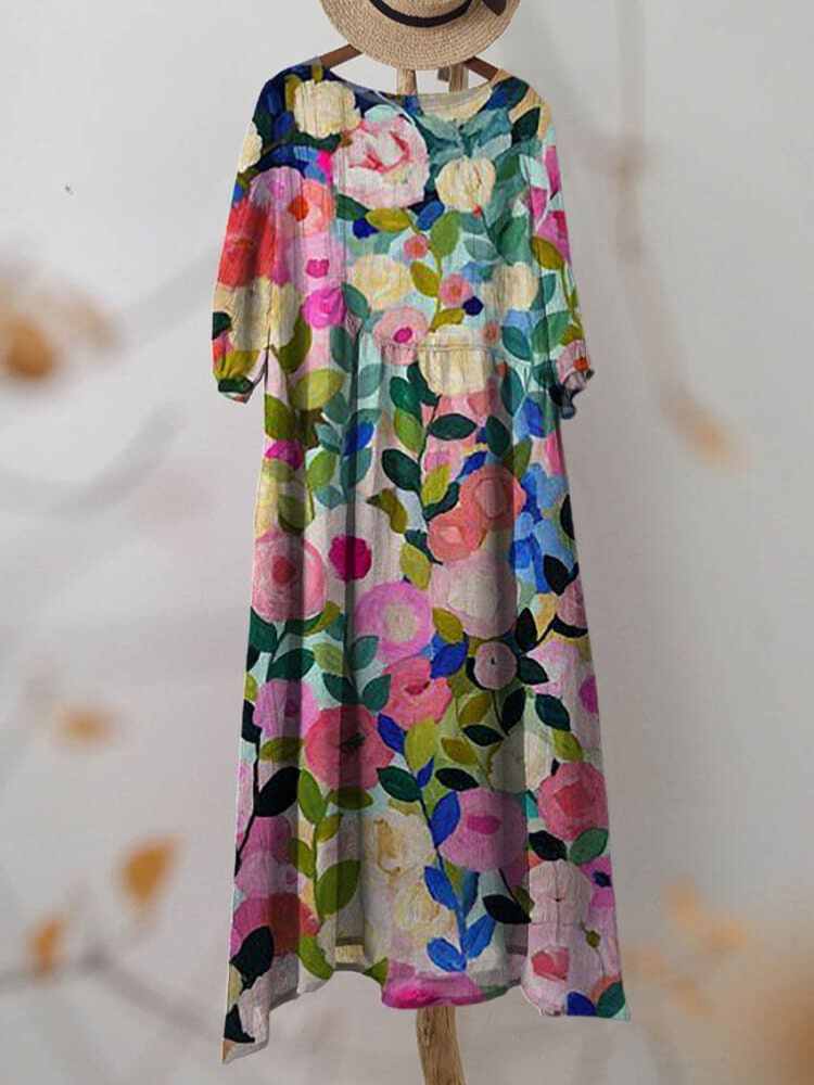 Colorful Spring Floral Garden Printed Women's Pocket Cotton Dress