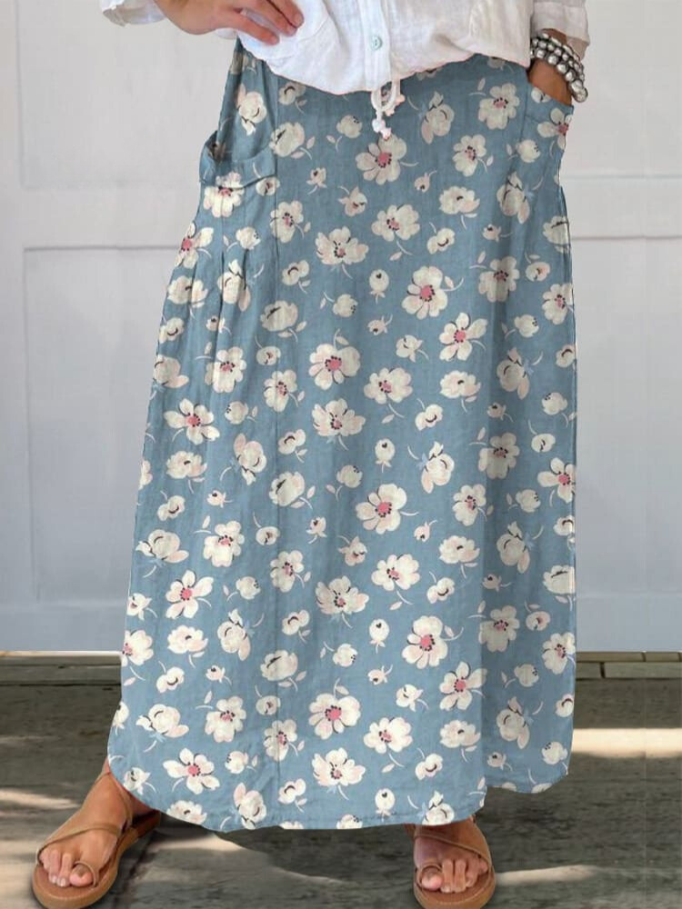 Ditsy White Floral Repeat Pattern Printed Women's Linen Pocket Skirt