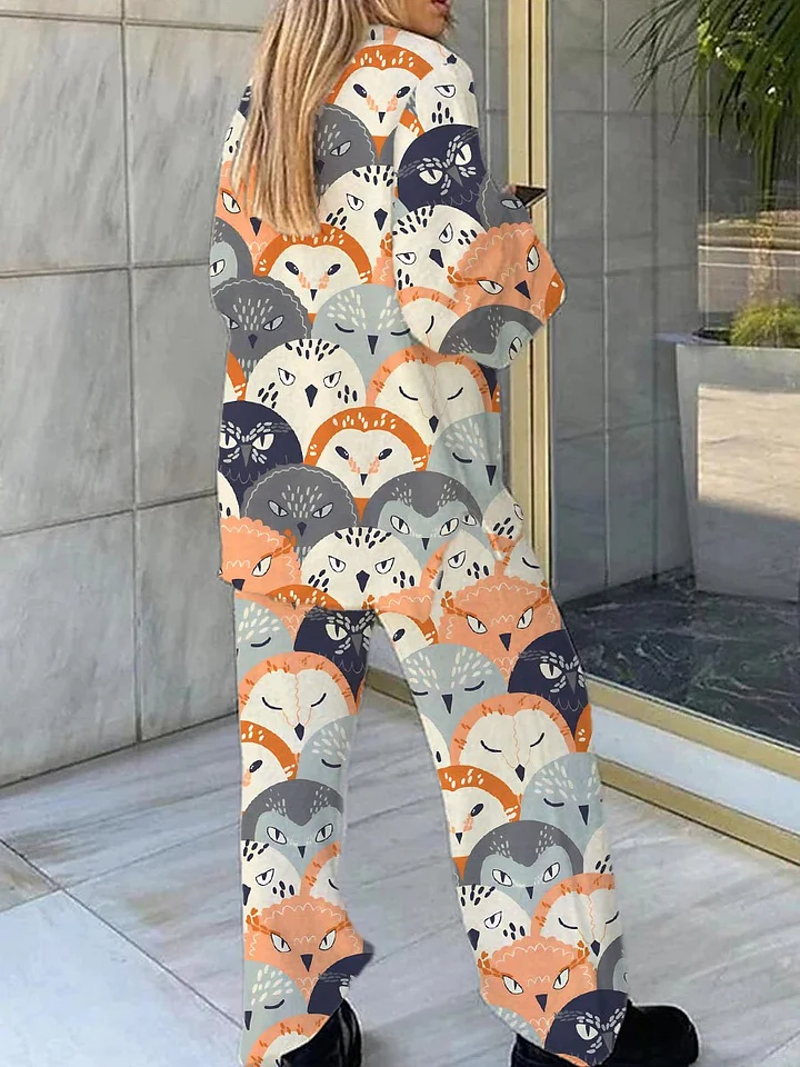 Women's Owl Print V-Neck Long Sleeve Suit