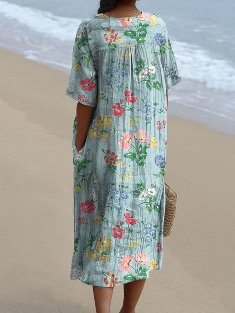 Retro Style Summer Floral Pattern Printed Women's Flowy Dress
